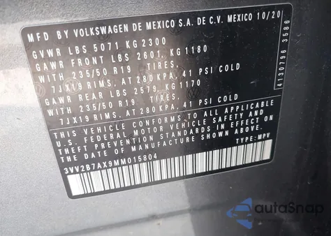 2021 Volkswagen Tiguan 2.0T Se/2.0T Se R-Line Black/2.0T Sel from USA, damaged, VIN 3VV2B7AX9MM015804